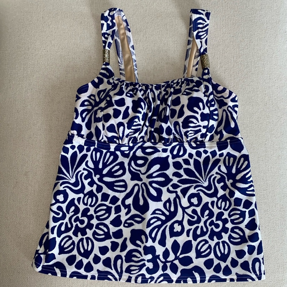 Lands' End Navy and White Floral Tankini
